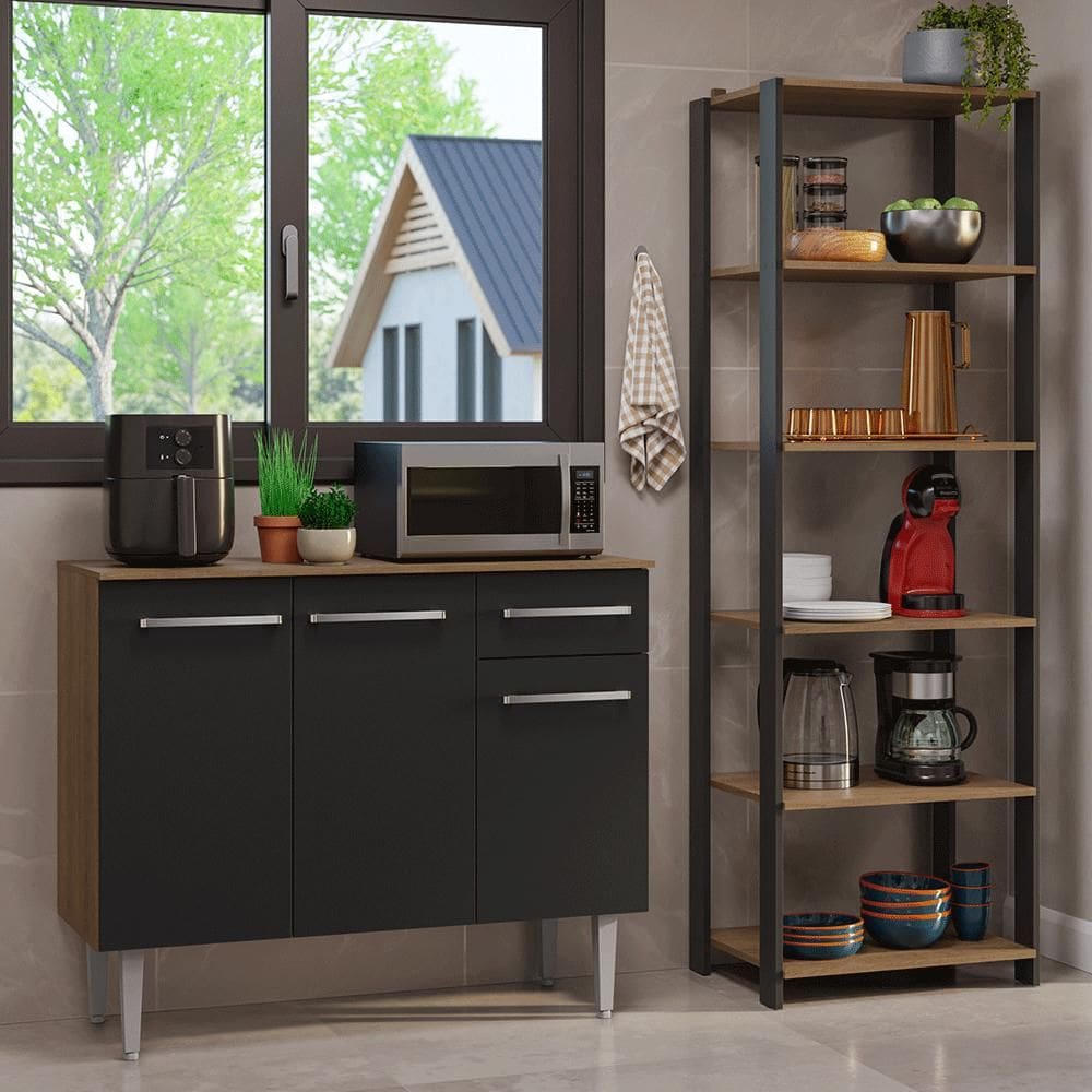 Kit Cozinha Balcão Gabinete 3 Portas 1 Gaveta e Armário Cozinha Despensa 5 Prateleiras Preto/Rustic