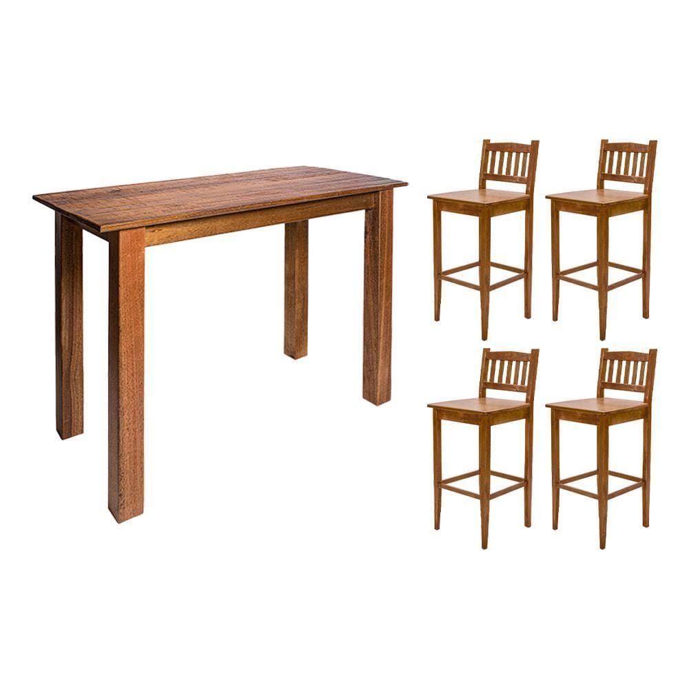 Aparador De Apoio 1,30m Para Bar Rústico Decorativo Com 4 Banquetas Bh Em Madeira Maciça - Natural - Bege