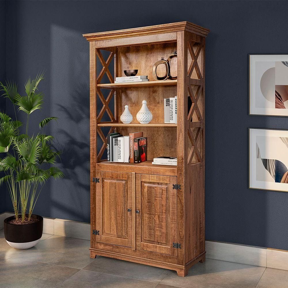 Estante Rústica Com Prateleiras Detalhe X Em Madeira Maciça Com 2 Portas - Natural - Bege
