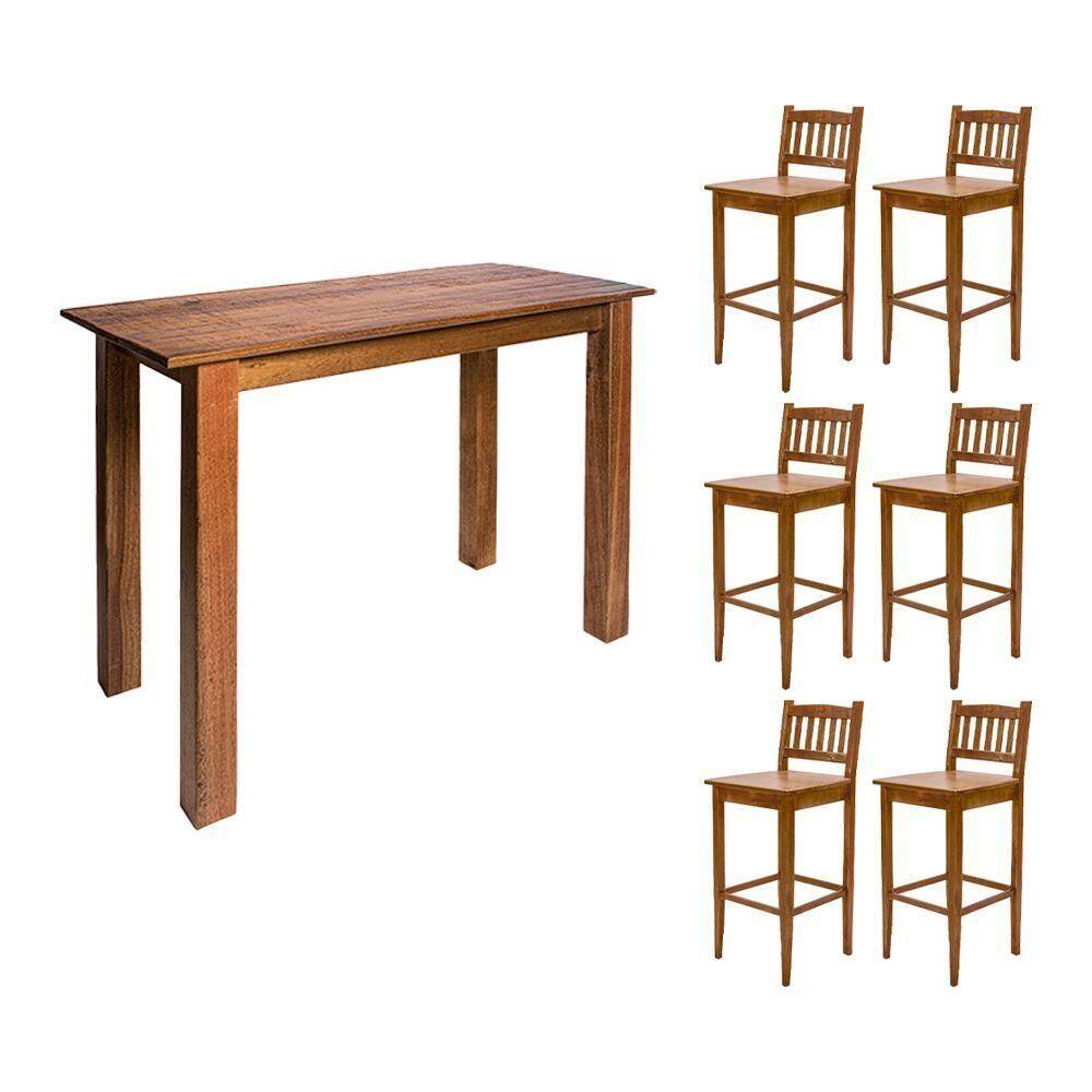Aparador De Apoio 1,60m Para Bar Rústico Decorativo Com 6 Banquetas Bh Em Madeira Maciça - Natural - Bege