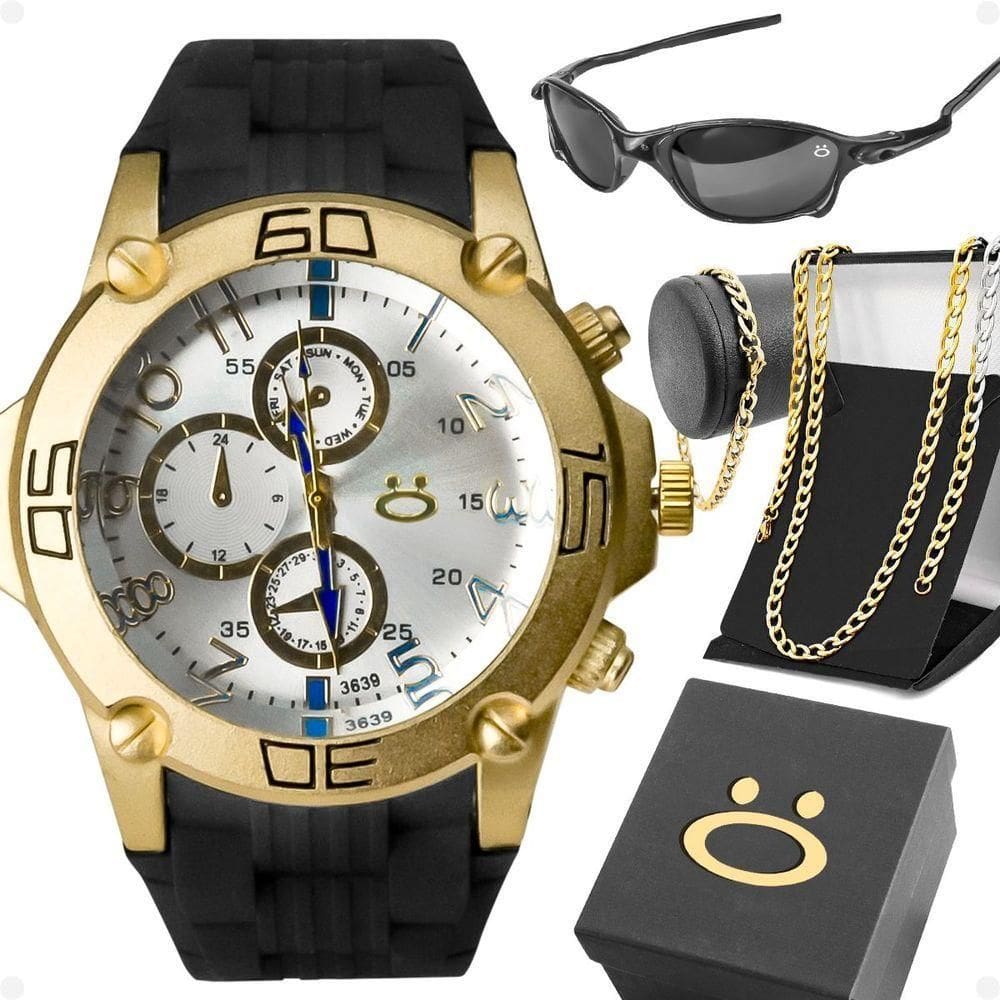Relogio Aço Masculino Pulseira Cordao Oculos Sol Caixa