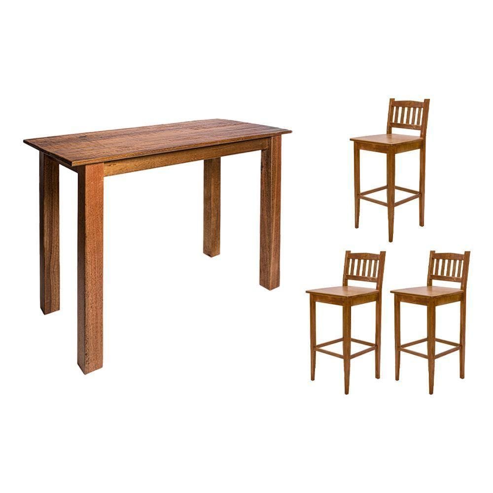Aparador De Apoio 1,60m Para Bar Rústico Decorativo Com 3 Banquetas Bh Em Madeira Maciça - Natural - Bege