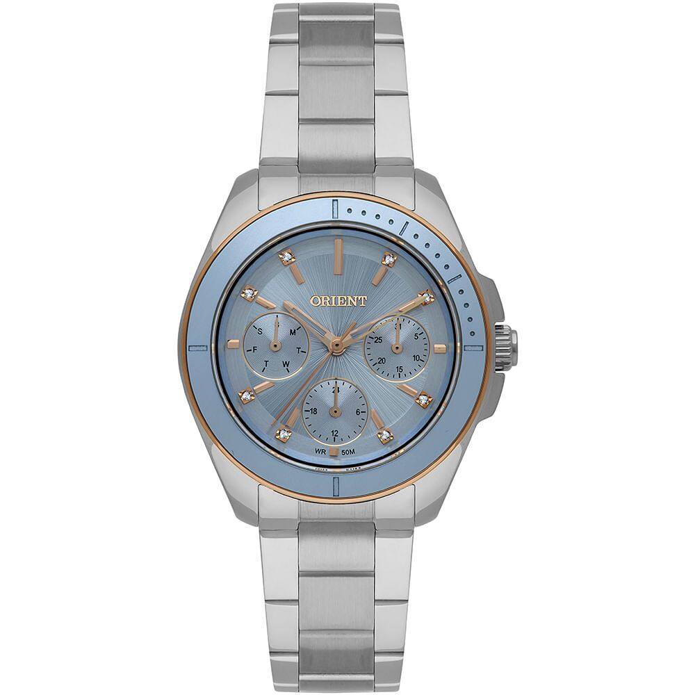 Relógio ORIENT Eternal feminino prata azul FTSSM070 A1SX