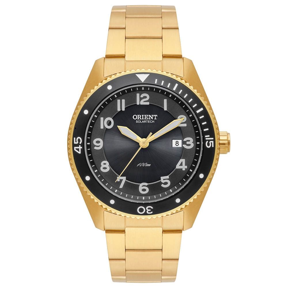 Relógio ORIENT masculino solar dourado preto MGSS0003 G2KX
