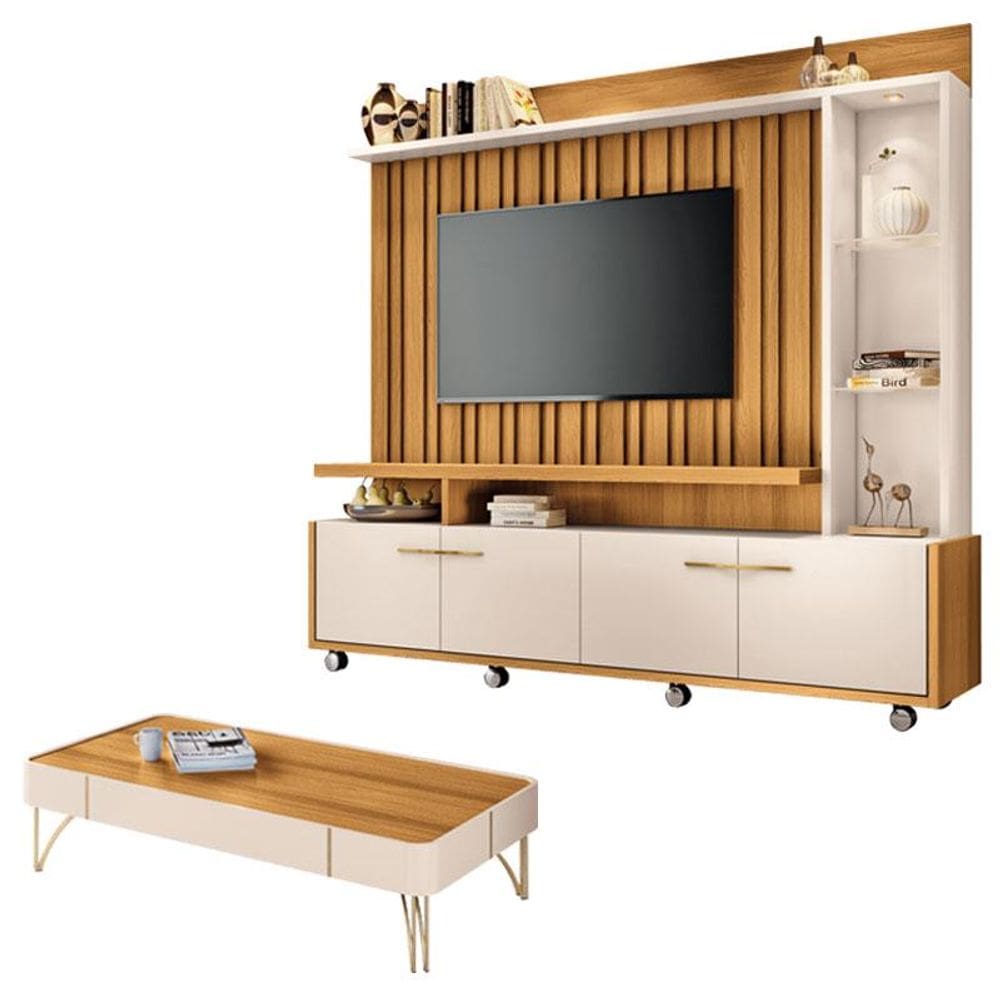 Estante Home Theater Titan e Mesa de Centro Cadenza Cinamomo Off White - HB Móveis