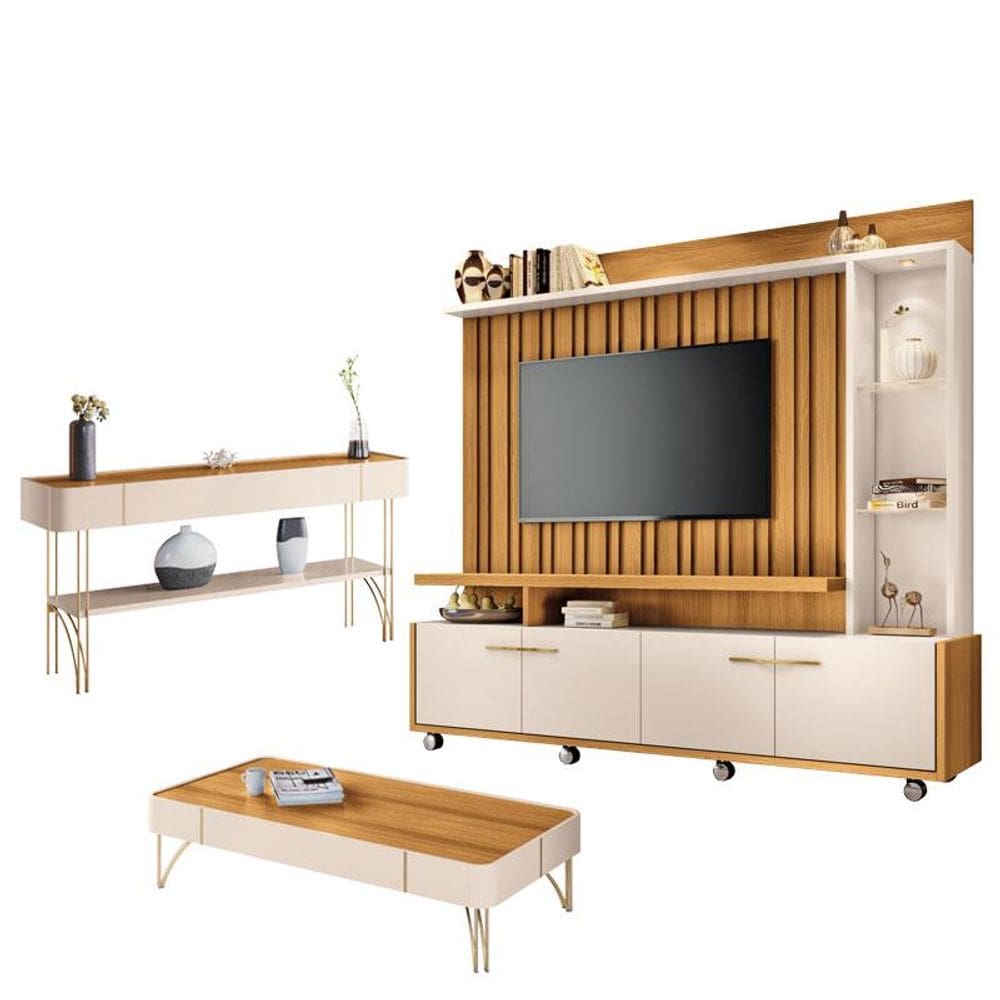 Estante Home Theater Titan e Aparador Vivant e Mesa de Centro Cadenza Cinamomo Off White - HB Móveis