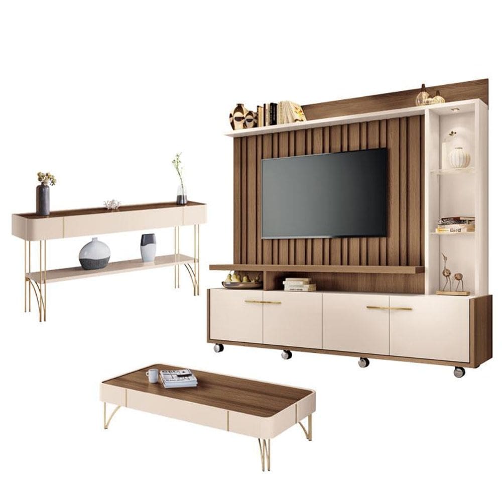 Estante Home Theater Titan e Aparador Vivant e Mesa de Centro Cadenza Castanho Off White - HB Móveis