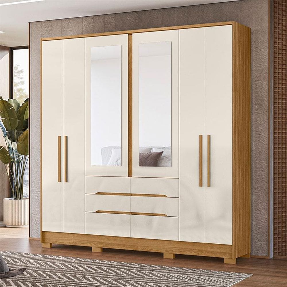 Guarda Roupa Casal Ambiente San Francisco 6 Portas Freijó Off White com Espelho - Moval