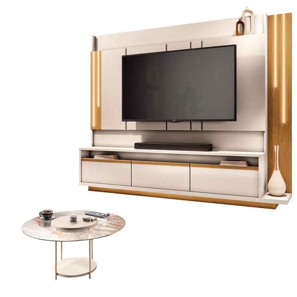 Estante Home Theater Montane Off White Cinamomo e Mesa de Centro sky com Tampo de Vidro Off White - HB Móveis