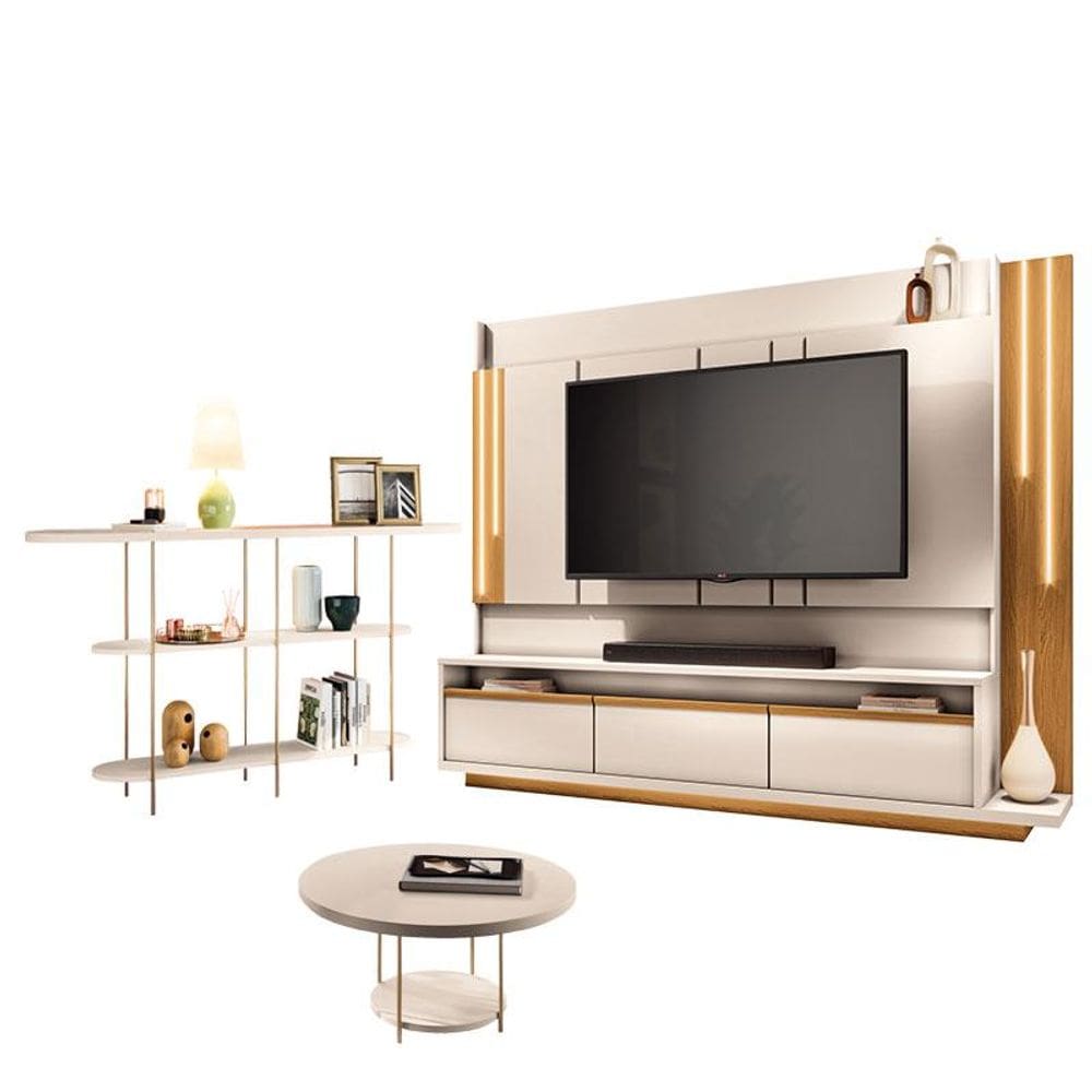 Estante Home Theater Montane Off White Cinamomo e Aparador Infinity e Mesa de Centro Sky Off White - HB Móveis