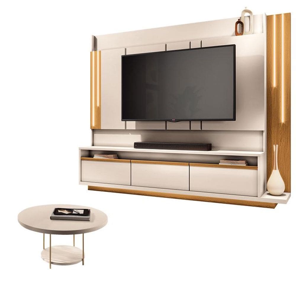 Estante Home Theater Montane Off White Cinamomo e Mesa de Centro sky Off White - HB Móveis