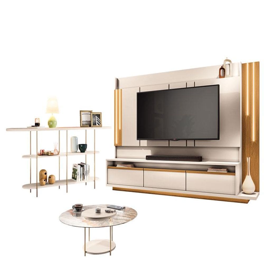 Estante Home Theater Montane Off White Cinamomo e Aparador Infinity e Mesa de Centro Sky com Tampo de Vidro Off White - HB Móveis