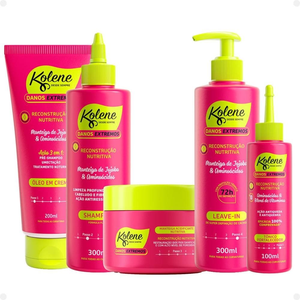 Kit Kolene Danos Extremos Reconstrução Nutritiva: Óleo em Creme, Shampoo, Manteiga Acidificante, Leave-In e Tônico