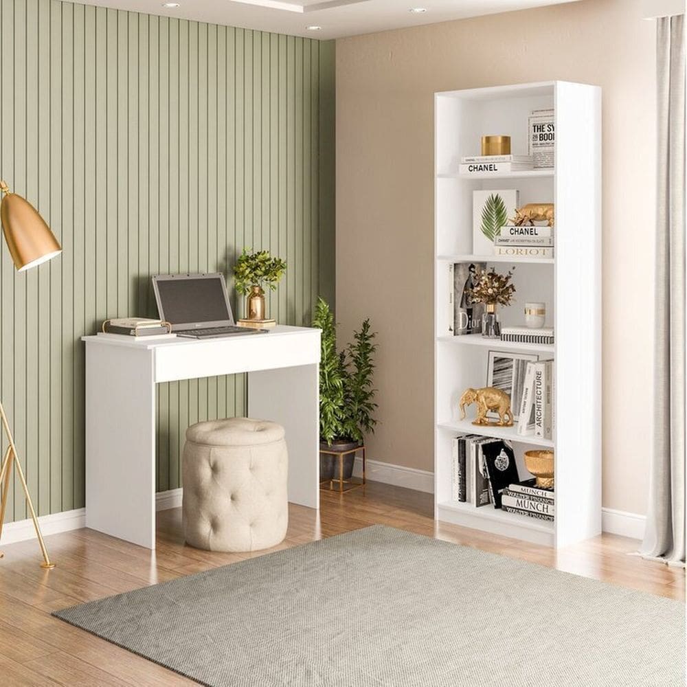 Conjunto com 1 Escrivaninha 1 Gaveta Sevilha e 1 Estante Multiuso 5 Nichos Montreal Branco