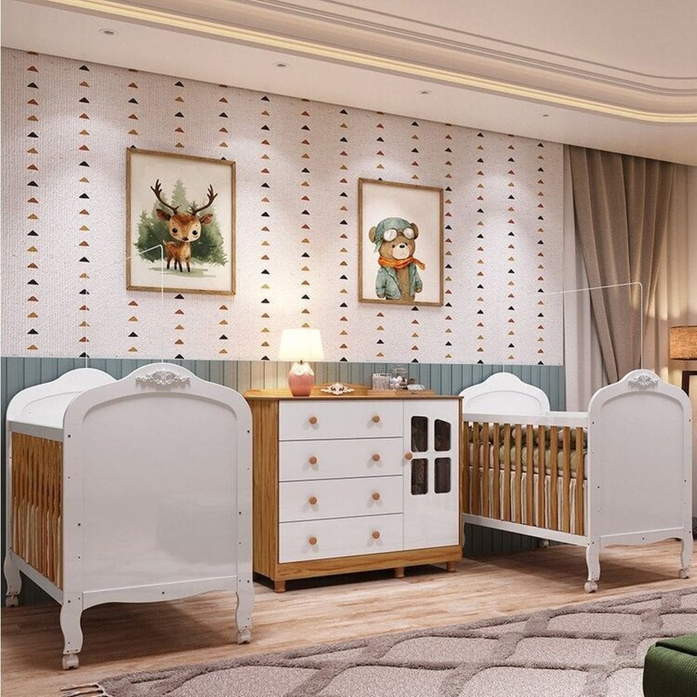Quarto de Bebê Cômoda com Janelas e 2 Berços Maya Clássico 100% Mdf Espresso Móveis Branco Brilho/Amêndoa/Branco