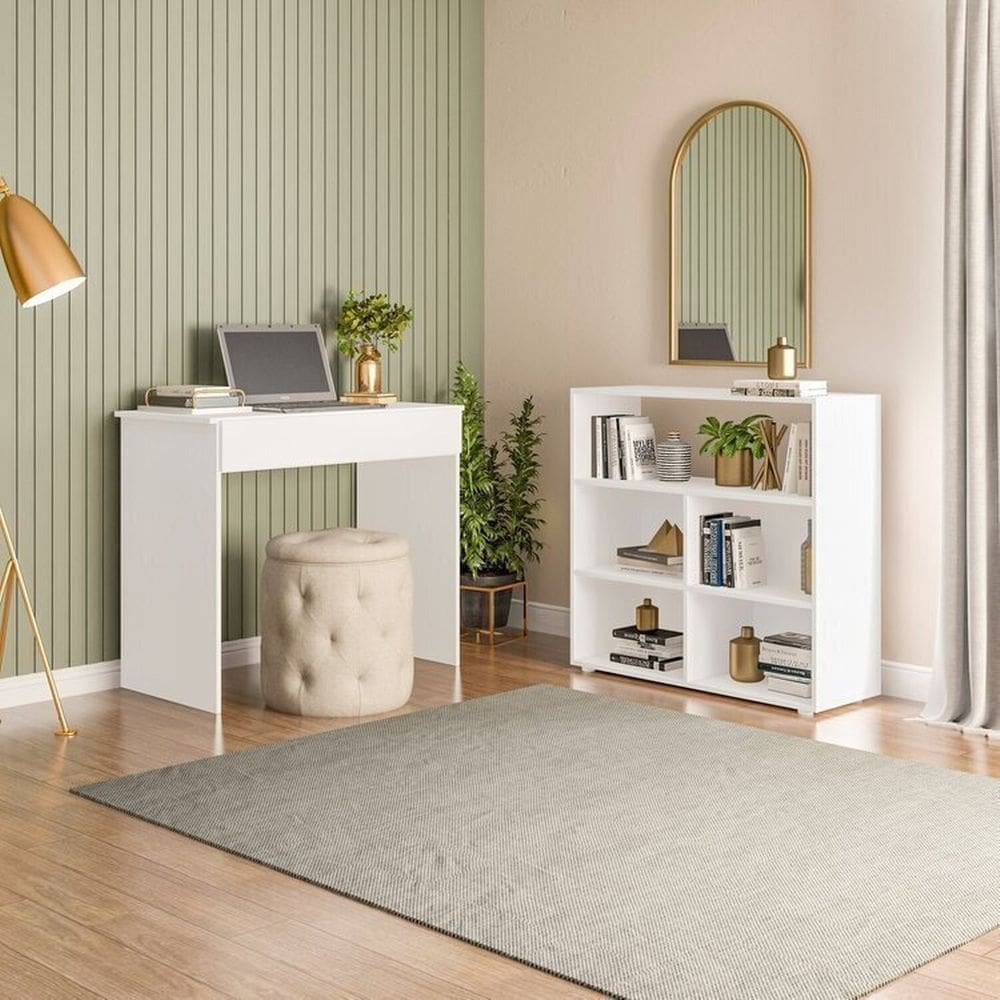 Conjunto com 1 Mesa Escrivaninha com 1 Gaveta Sevilha e 1 Estante Multiuso 5 Nichos Cairo Branco