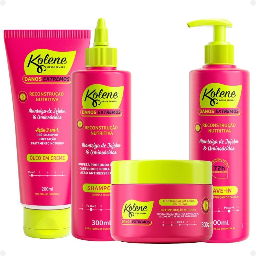 Kit Kolene Danos Extremos Reconstrução Nutritiva: Óleo em Creme, Shampoo, Manteiga Acidificante e Leave-In