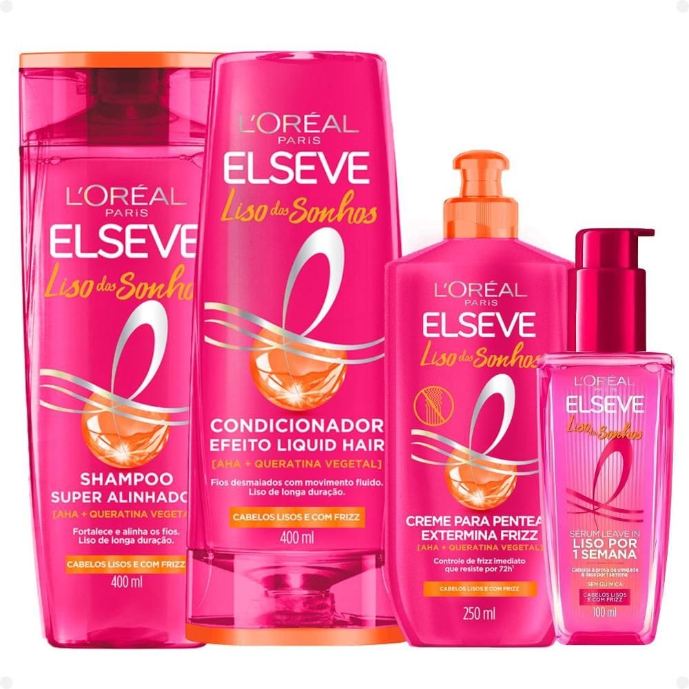 Kit Elseve Liso Dos Sonhos: Shampoo, Condicionador 400ml, Creme para Pentear e Sérum Leave-In