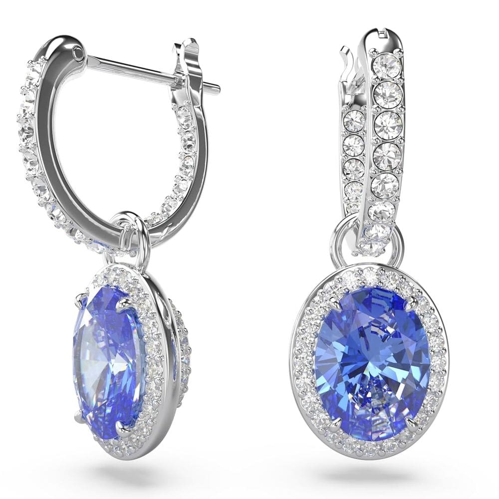 Brincos Swarovski Una Drop, pedras azuis de corte oval, ródio