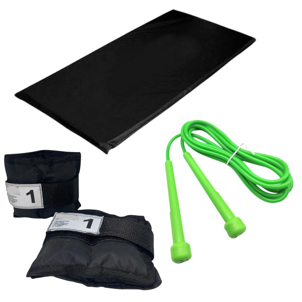 Kit Colchonete + Tornozeleira Caneleira Peso 1 Kg + Corda de Pular Academia em Casa