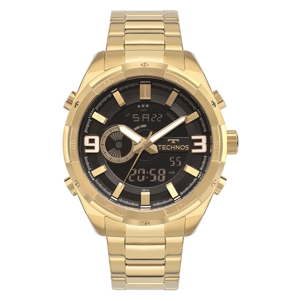 Relógio TECHNOS masculino anadigi dourado preto YXD0645AAA/1P