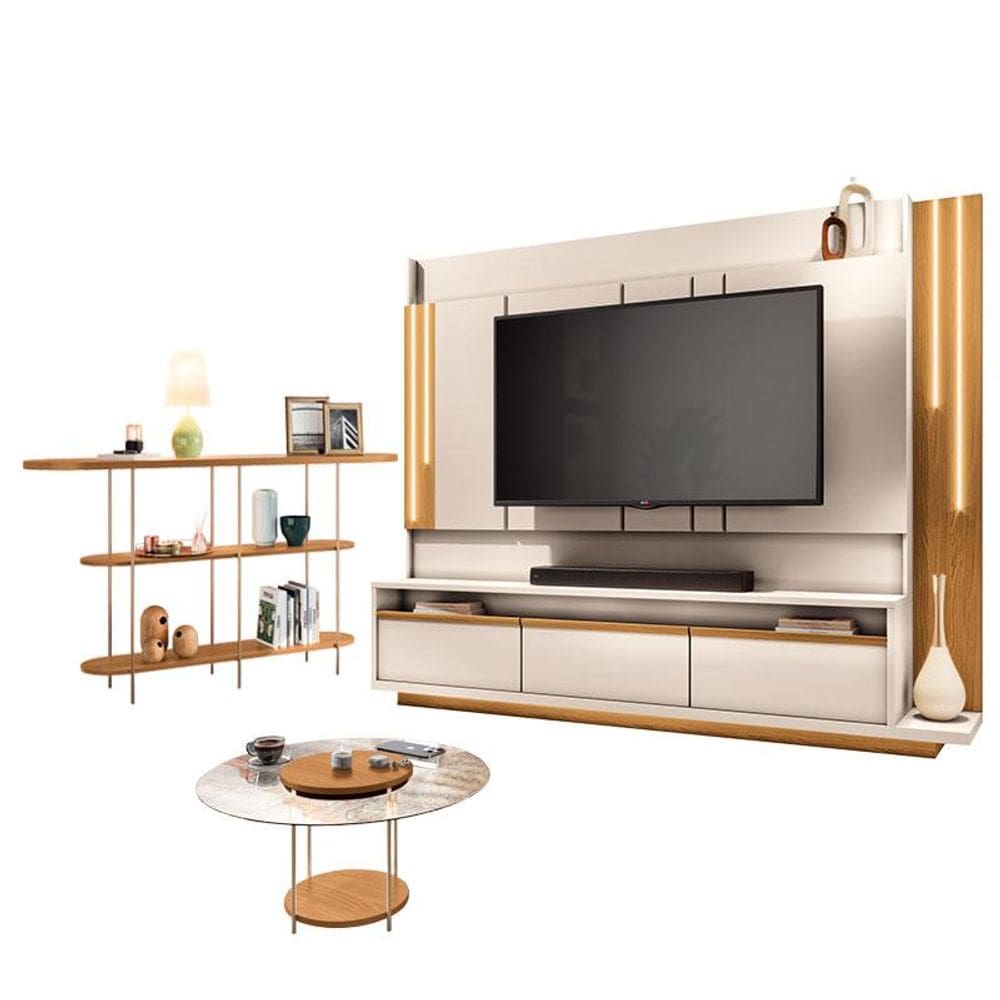 Estante Home Theater Montane Off White Cinamomo e Aparador Infinity e mesa de Centro Sky com Tampo de Vidro Cinamomo - HB Móveis