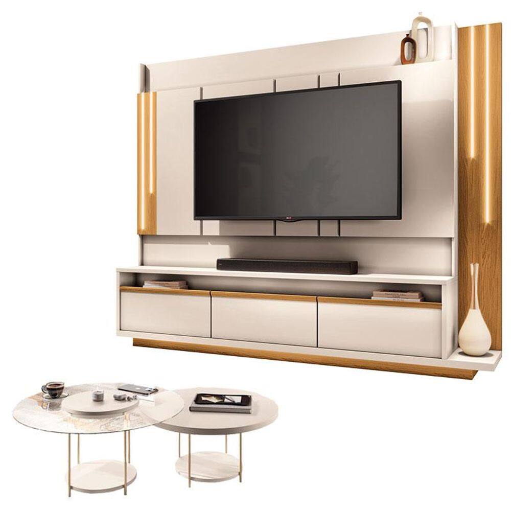 Estante Home Theater Montane Off White Cinamomo e Kit Mesa de Centro Sky Off White - HB Móveis