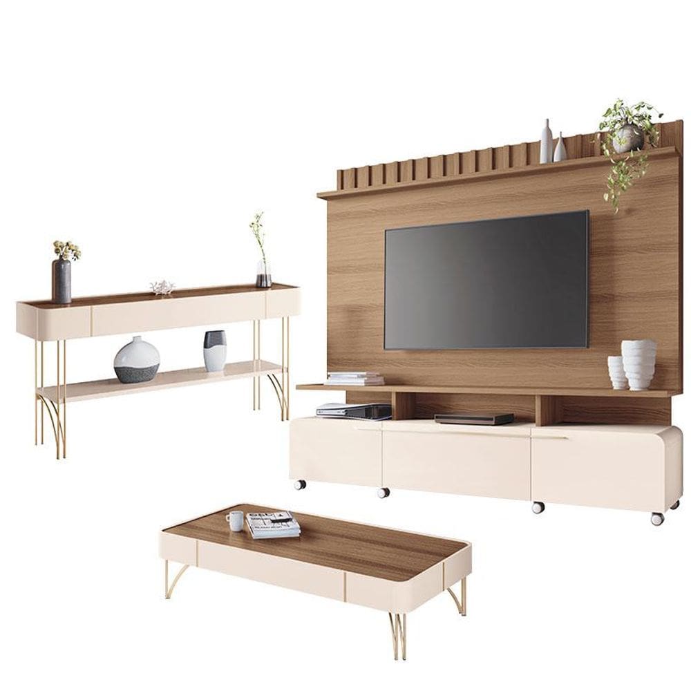 Estante Home Theater Artís e Aparador Vivant e Mesa de Centro Cadenza Castanho Off White – HB Móveis