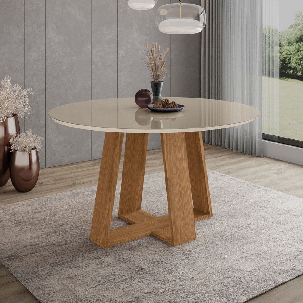 Mesa de Madeira Lins 140 Cm com Vidro Natural/Off White - Henn