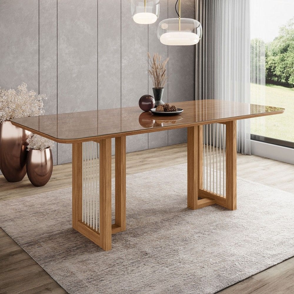 Mesa de Madeira Yara 200 Cm com Vidro Natural - Henn