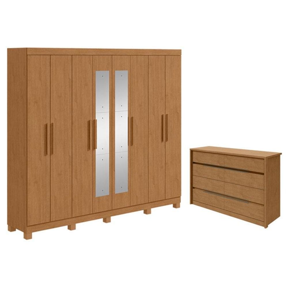 Guarda Roupa Casal Andara Soft com Espelho e Pés com Cômoda Gaveteiro Urban Amêndoa Clean – Lopas