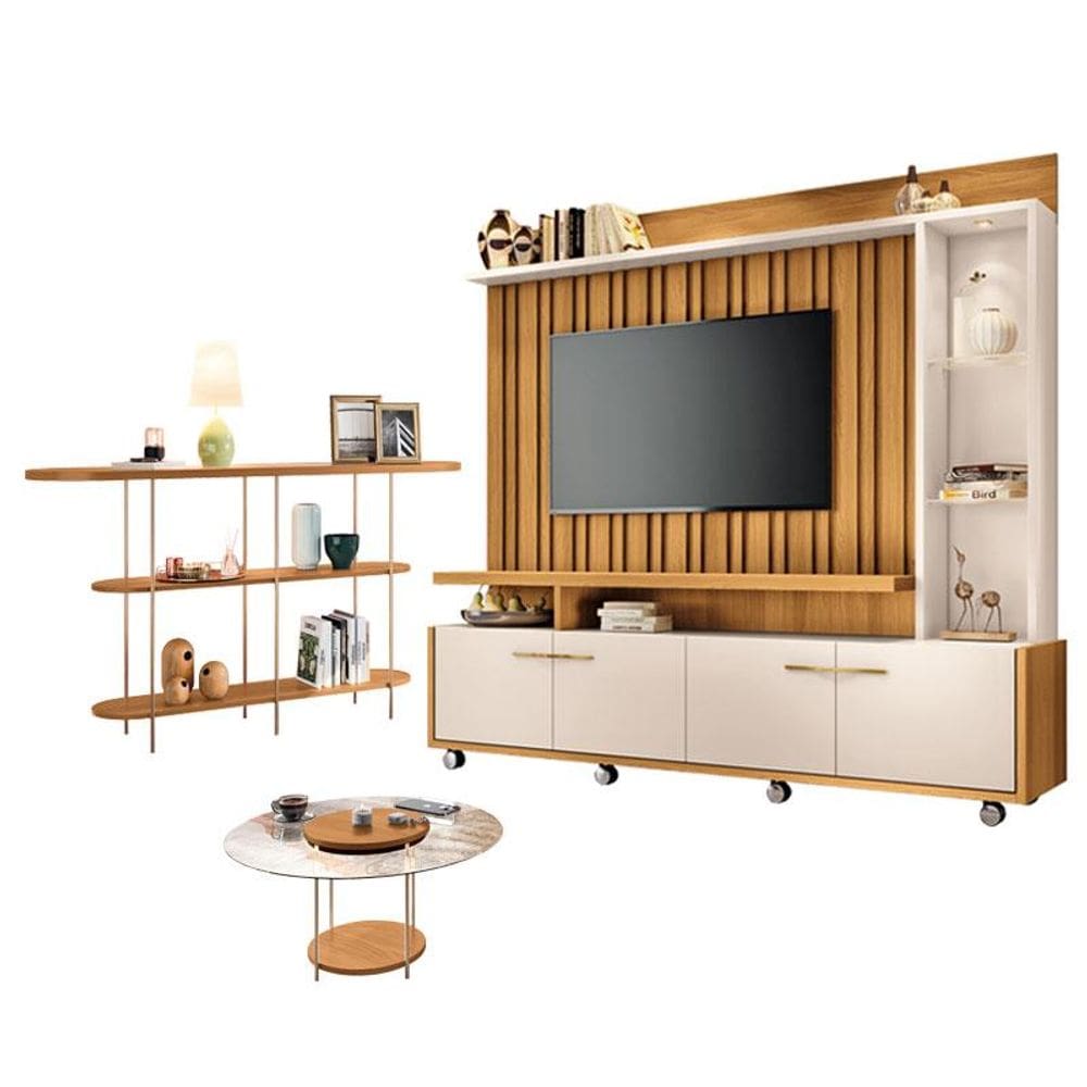 Estante Home Theater Titan Off White Cinamomo e Aparador Infinity e Mesa de Centro sky com Tampo de Vidro Cinamomo - HB Móveis
