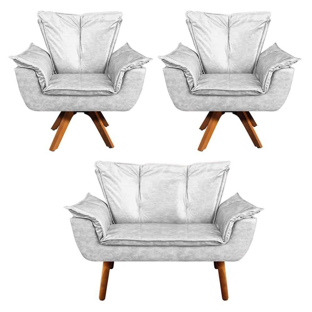 Kit 01 Namoradeira E 02 Poltronas Giratória Opala Corano Base Madeira Mm30 D\\`rossi Branco