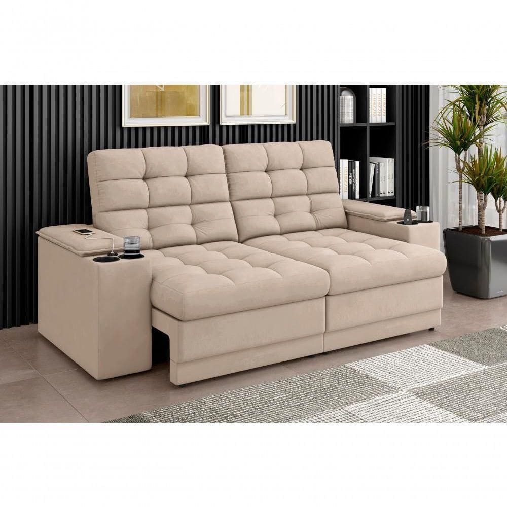 Sofá Confort Premium 2,05m Assento Retrátil/reclinável Porta Copos E Usb Suede Areia - Xflex Sofas