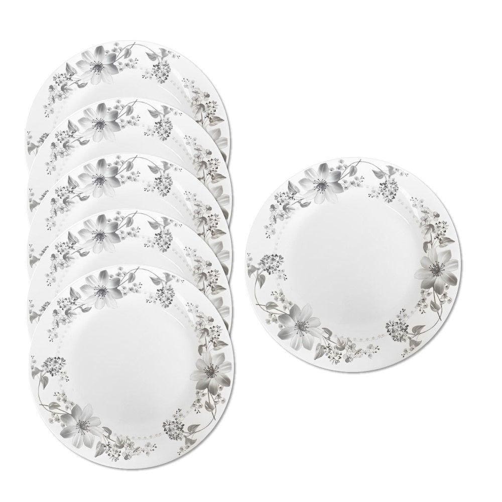 Jogo 6 Prato De Sobremesa Vidro Branco Flores Cinza Flowers Grey 20cm Em Casa Tem