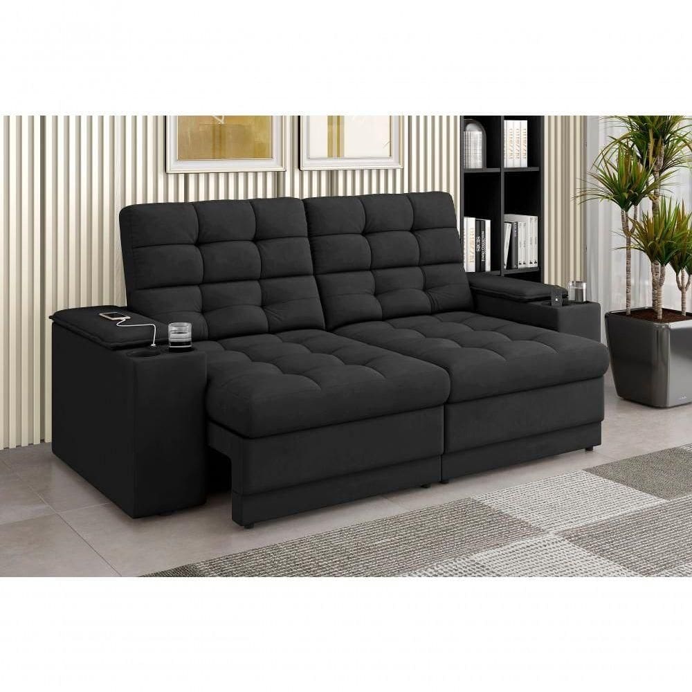 Sofá Confort Premium 1,70m Assento Retrátil/reclinável Porta Copos E Usb Suede Preto - Xflex Sofas