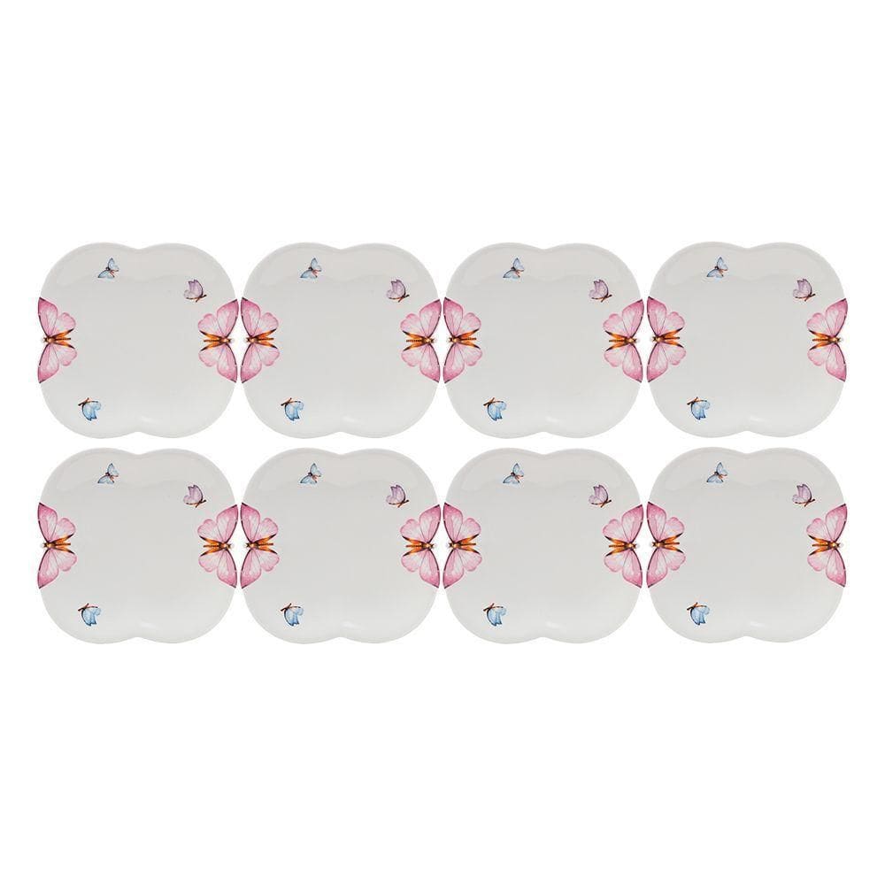 Jogo 8 Prato De Sobremesa Borboletas 19cm Porcelana Branco Wolff