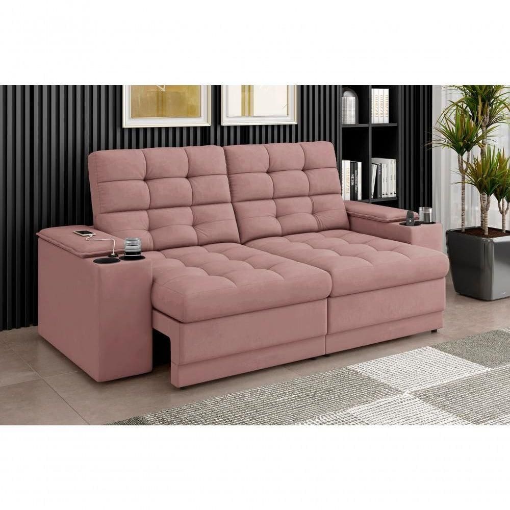 Sofá Confort Premium 1,70m Assento Retrátil/reclinável Porta Copos E Usb Suede Nude - Xflex Sofas