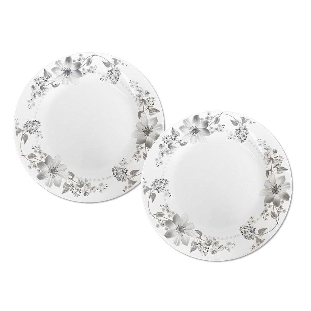 Jogo 2 Prato De Sobremesa Vidro Branco Flores Cinza Flowers Grey 20cm Em Casa Tem