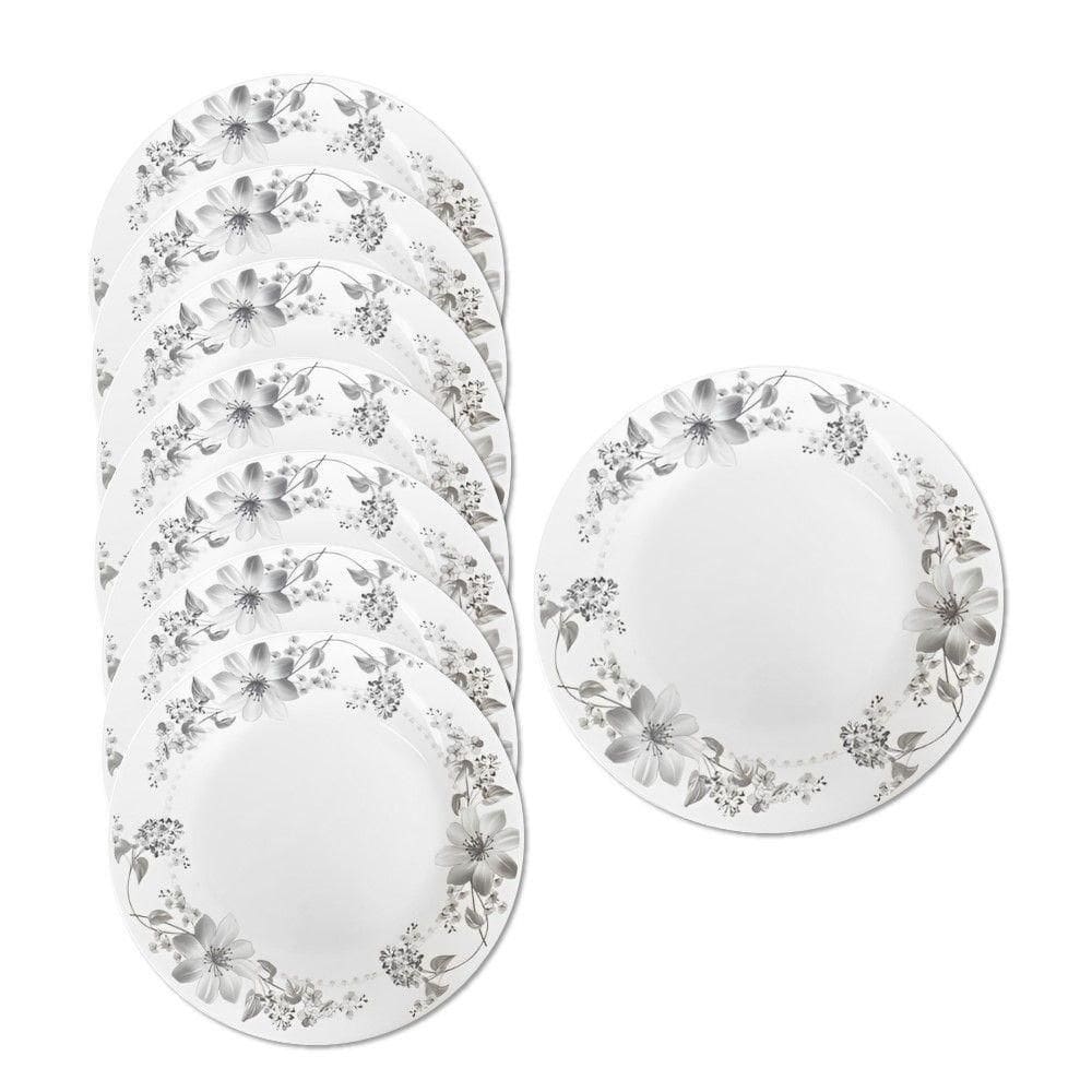 Jogo 8 Prato De Sobremesa Vidro Branco Flores Cinza Flowers Grey 20cm Em Casa Tem