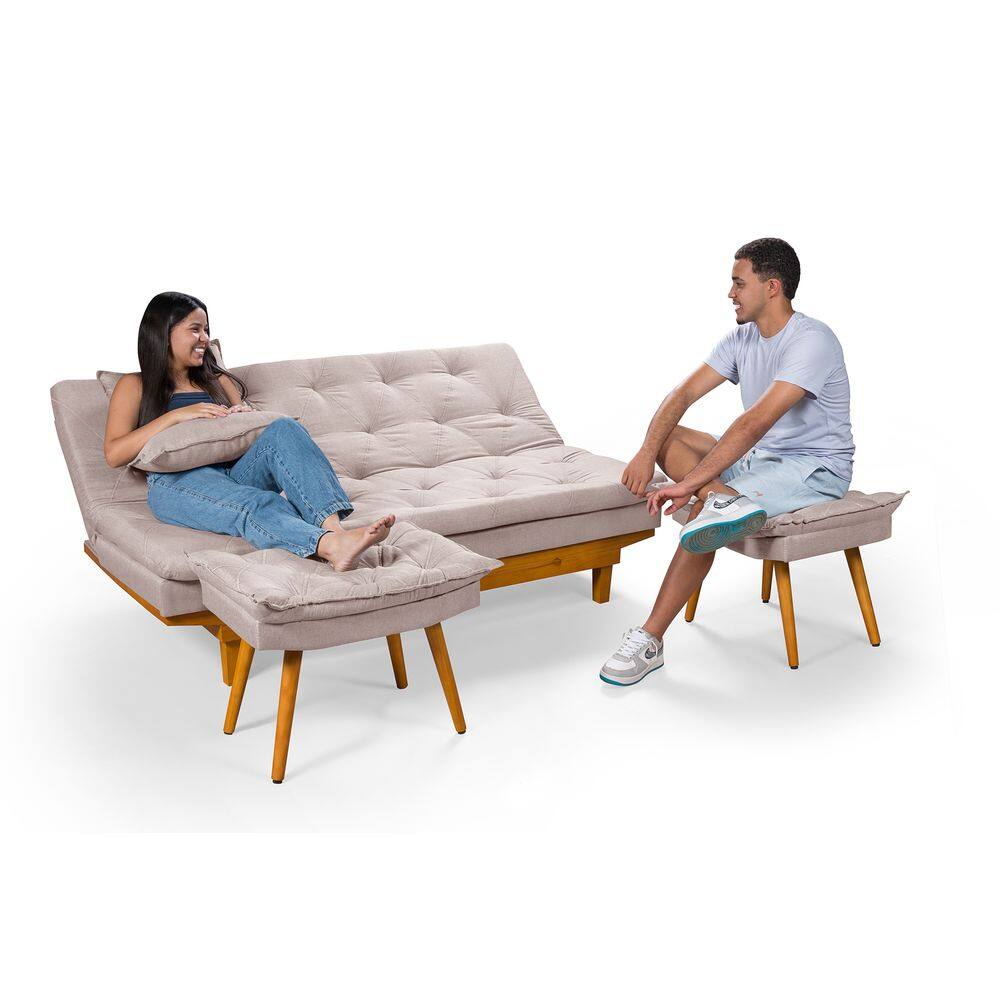 Sofá Cama Caribe 3 Lugares Com Duas Banquetas Revestimento Linho