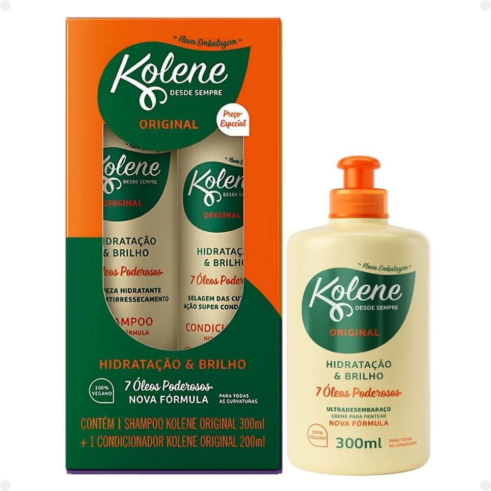 Kit Kolene Hidratação e Brilho: Shampoo 300ml e Condicionador 200ml + Creme para Pentear 300ml