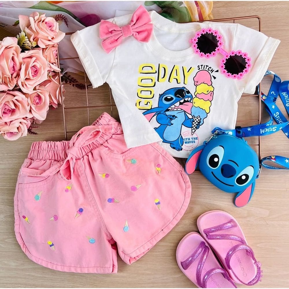 Conjunto Infantil Stitch menina - Roupa de verão personagens