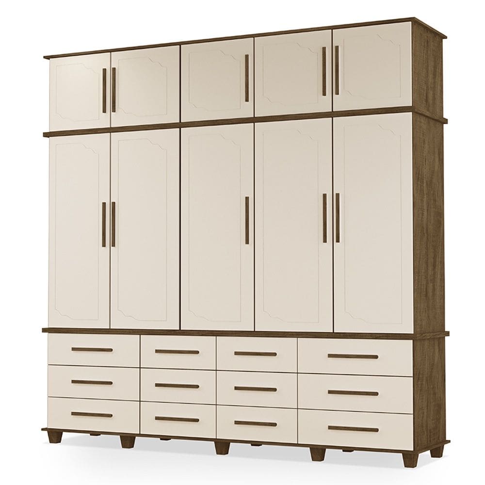 Guarda Roupa Roupeiro Casal Berlim 5 Portas 12 Gavetas com Maleiro Malbec Off White Luapa