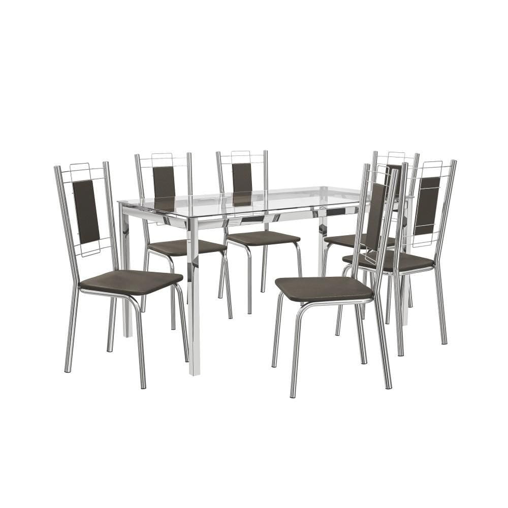 Conjunto Sala de Jantar 6 Cadeiras Mesa Tampo de Vidro Kappesberg Crome Cromado/Marrom