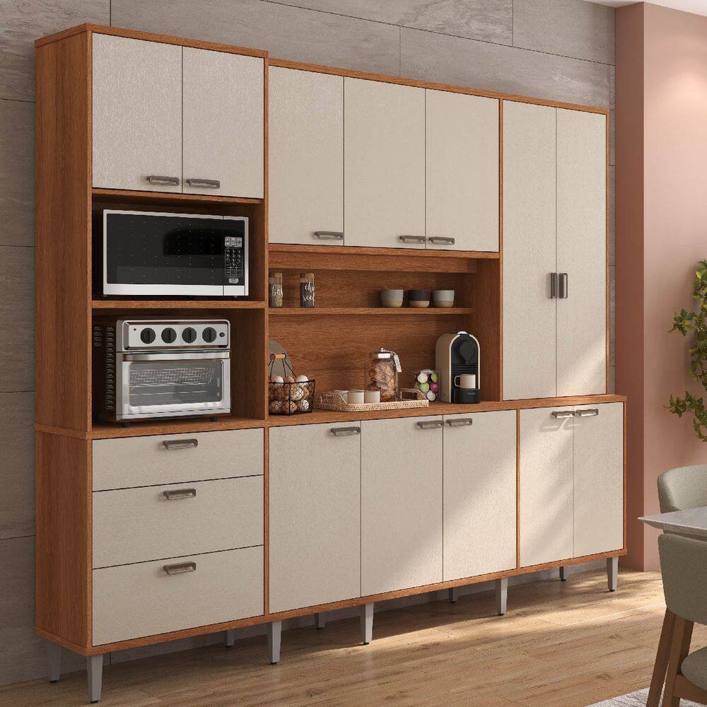 Armário de Cozinha 12 Portas 3 Gavetas Pulse Jequitibá/Areia - Lukaliam