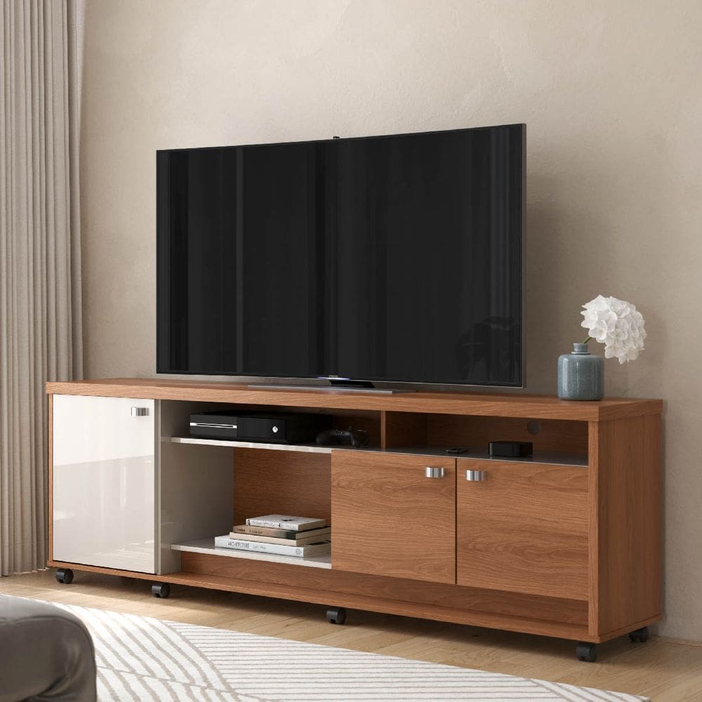 Rack Dallas para TV até 75 polegadas com 3 Portas e Rodízio Jequitibá/Off White - Lukaliam