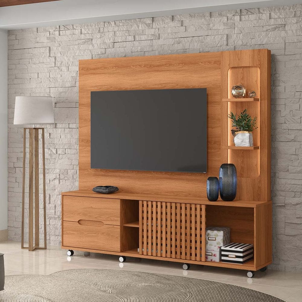 Estante Home para TV até 70 Polegadas 1 Porta Correr 2 Gavetas e Rodízio Brise Jequitibá - Lukaliam