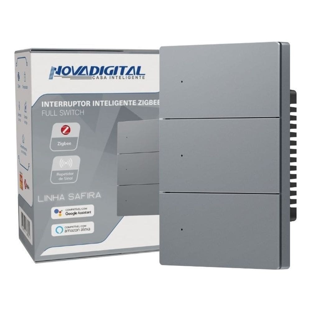 Interruptor Tecla Fisica 3 Botões Zigbee com Led NovaDigital Grafite - Cinza
