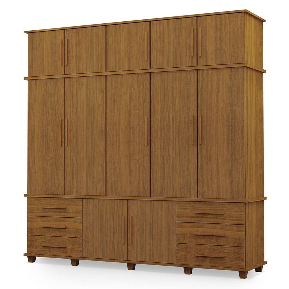 Guarda Roupa Roupeiro Londres Triplex Grande 5 Portas 6 Gavetas com Maleiro Carvalho New Luapa